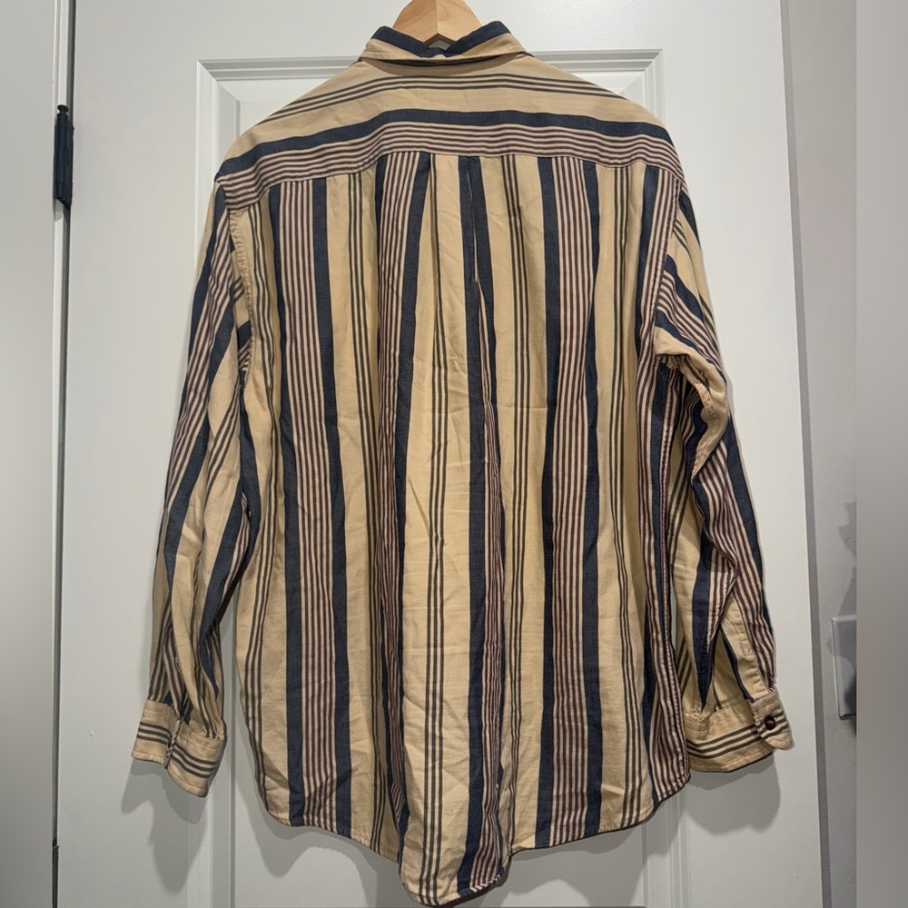 Vintage Men's Button-Down Shirt in Tan and Navy Stripe - Picture 2 of 4